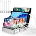Charging Station for Multiple Devices, 6 Ports Multi Devices USB Charger Fast Cell Phone Charging Station for iPhone iPad Tablet (Silver, 6 Mixed Cables Included)