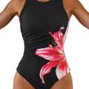 One Piece Bathing Suit for Women High Neck Tummy Control Swimsuit Modest Slimming Full Coverage Swimwear (X-Large, Black Lily)