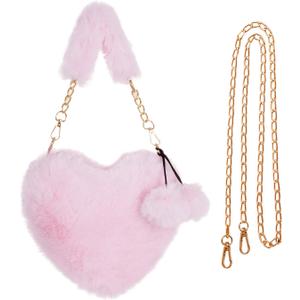 Heart Shaped Faux Fur Clutch Purse Fluffy Crossbody Shoulder Bag for Women Valentine (Light Pink)
