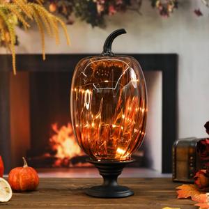 Glass Pumpkin Lights with Pedestal Fall Decor Pumpkins Decoration LED Lighted Collectible Thanksgiving Autumn Harvest Figurine Fall Halloween Decorations for Home Tables Centerpieces Decorative