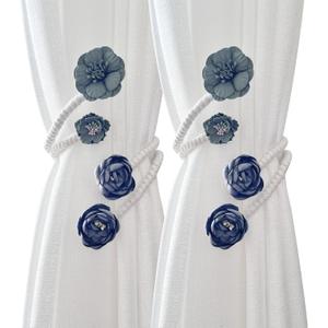 Flower Curtain Tiebacks with No Drill Installation, Fancy Decorative Holdbacks for Living Room, Bedroom, and Dining Room – Easy to Install and Adjustable, 2pcs Blue