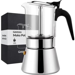 Geesta Premium Crystal Glass-Top Stovetop Espresso Moka Pot - 4/6/ 9 Cups - Stainless Steel Coffee Maker- 240ml/8.5oz/6 cup (espresso cup=40ml)