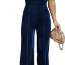 BLENCOT Sleeveless Velvet Jumpsuits For Women V Neck Spaghetti Straps Wide Leg Long Pants Dressy Rompers Winter Overalls S-XL (Small, Velvet Blue)