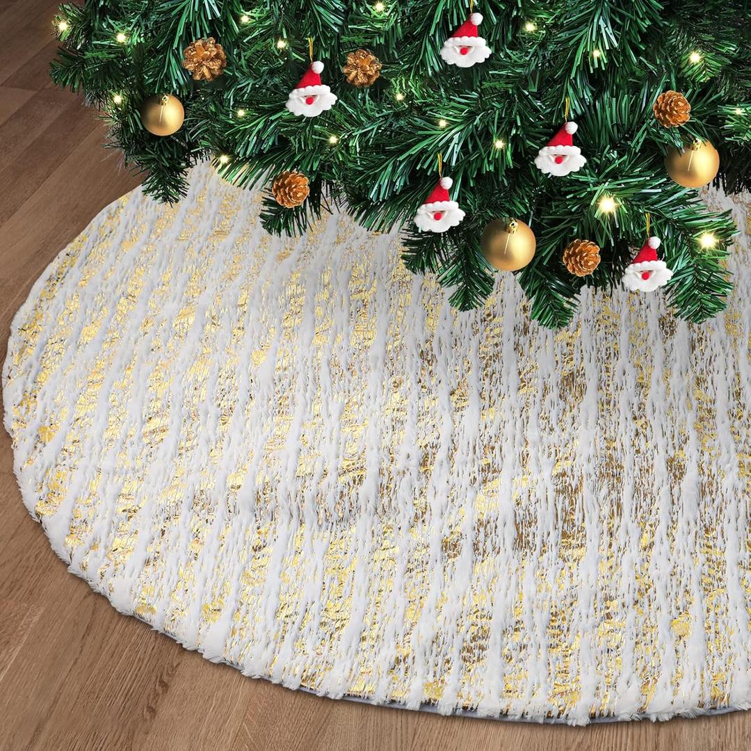 Lewondr Christmas Tree Skirt 48 Inch, Glittering Gold Stamping Pattern Tree Skirt for Holiday Party Xmas Tree Decoration Double Layers Ultra-Soft Plush Xmas Tree Mat Tree Base Cover, Gold