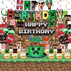 Pixel Birthday Party Decorations, Party Supplies Set Including Balloons, Backdrop, Banner, Tablecloth, Hanging Swirls, Cake Cupcake Toppers for Pixel Theme Party