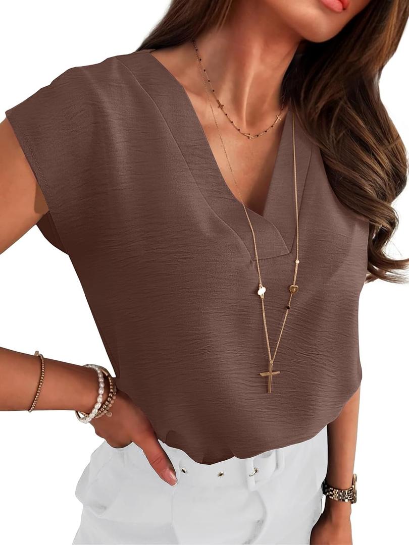 ANRABESS Women Tops Cap Sleeve Dressy Casual V Neck Shirts 2026 Summer Business Work Blouses Outfits Trendy Spring Clothing (Brown, XL)