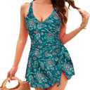 Kate Kasin Women One Piece Swimsuits 2025 Tummy Control Bathing Suits V Neck Criss Cross Swim Dress Ruched Tie Knot Swimwear (Small, Paisley Floral)