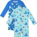 2 Pack Baby Toddler Boys Swimsuits UPF 50+ Sun Protection Long-Sleeve Rash Guards Baby Dry Fit Bathing Suit with Zip (3-6 Months, Shark, Sailboat)