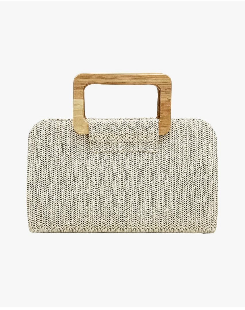 Straw Clutch Purse, Woven Evening Handbag with Wooden Handle, Summer Beach Crossbody Bag, Women Boho Vacation Pouch