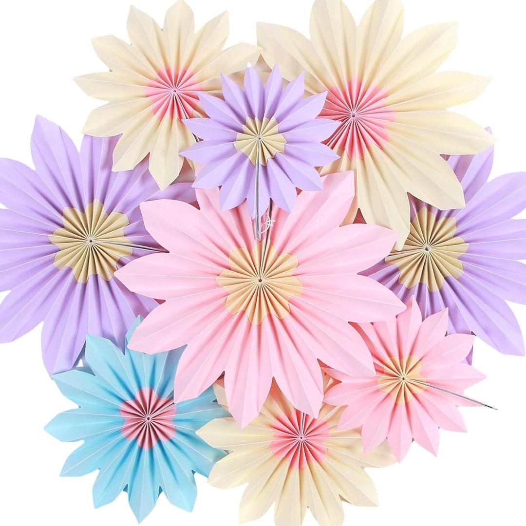 Pastel Paper Fans, Pastel Party Decorations for Classroom, Birthday, 9 PCS Yellow, Pink and Purple Pastel Paper Flower Decorations for Baby Shower, Wall Decor