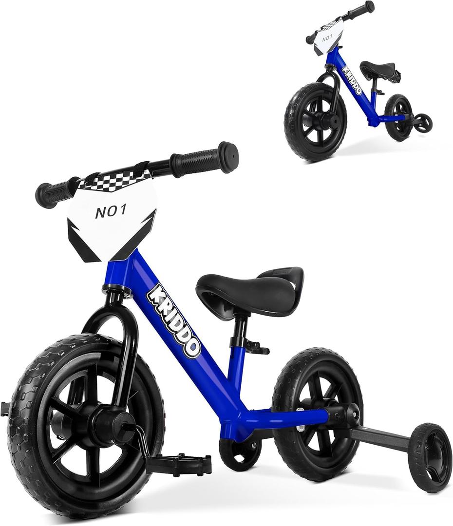 KRIDDO 2-in-1 Kids Tricycle and Toddler Balance Bike 2 Year Old, Detachable Pedals and Stowable Training Wheels, DIY Plate, Riding Trikes Toy for Ages 18 Months to 3 Years (Blue)