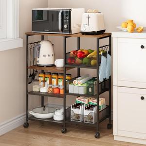 SWTYMIKI Kitchen Island Cart on Wheels - 4 Tier Rolling Kitchen Table Cart with Storage Shelves, 6 Removable Hooks& Locking Casters, Coffee Bar Cabinet for Dining Room Pantry Office, Espresso (28x11.81in)