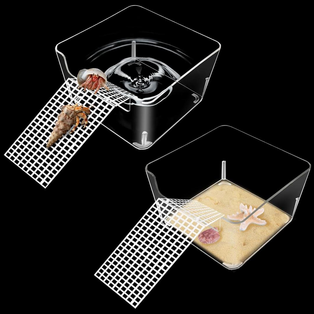 2 Pack Hermit Crab Water Tank, Cage Accessories With Climbing Ramp, Aquarium Salt Water Pool for Small or Medium Habitat Home Transparent
