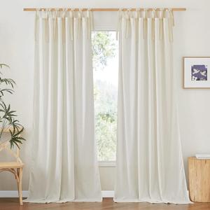 NICETOWN Thick Linen Curtains 96 inches Long for Bedroom, Adjustable Tie Top Off White Curtains & Drapes Privacy with Light Filtering for Girl Room/Living Room, W52 x L96, 2 Panels