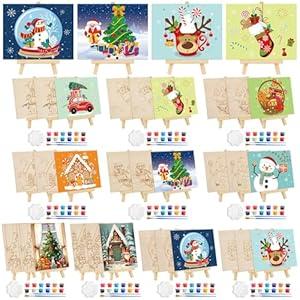 Supervitae 80 Pcs / 20 Sets Christmas Wooden Craft Painting Canvas Kits Unfinished Wooden Christmas Cutouts Paint Your Own Festival Hanging Ornaments for DIY Home Office Holiday Party Decor