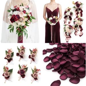 Ling's moment Wedding Artificial Flowers Package, Bridal Bouquet, Bridesmaid Bouquets, Boutonniere for Men, Rose Petals.Burgundy Blush