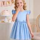 DIPUG Girls Tulle Dress, Casual Birthday Party Flower Girl Summer Dresses Polka Dot Bow & Flutter Sleeves, 5-12Y