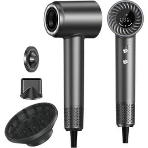 Hair Dryer, 150000 RPM Brushless Motor with 500M Negative Ions, Fast-Dry Lightweight Design, ThermoControl & Magnetic Nozzle/Diffuser, Low Noise Salon Blow Dryer for All Hair, Travel, Home