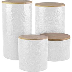 American Atelier Embossed Canister Set 4-Piece Ceramic Set Jar Container with Wooden Lids for Cookies, Candy, Coffee, Flour, Sugar, Rice, Pasta, Cereal & More White