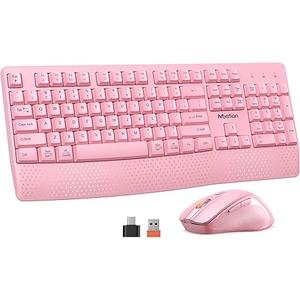 MEETION Wireless Keyboard and Mouse, Full-Sized Cordless Keyboard with Wrist Rest, 3 DPI Adjustable Mouse, Keyboard and Mouse Set with 2.4GHz USB Receiver, for PC/Computer/Laptop/Windows/Mac, Pink