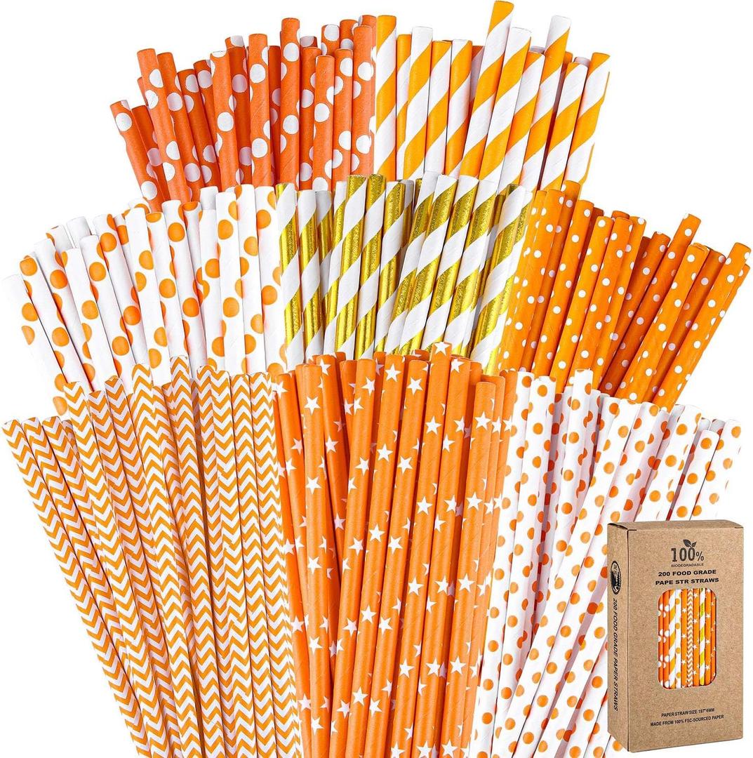 200 Pieces Thanksgiving Paper Straws Orange and Gold Assorted Paper Straws Biodegradable Drinking Straw Mix for Fall Leaf Autumn Wedding Supplies, 8 Style, 200 Count