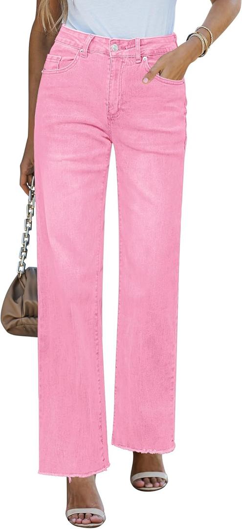 GRAPENT Straight Leg Jeans for Women High Waisted Stretchy Frayed Raw Hem Loose Denim Pants Casual Baggy Jean Trousers (Small, Gossamer Pink)
