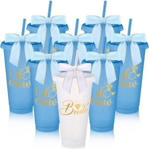 8 Pcs Bridesmaid Plastic Tumbler with Straw Lid and Twist Bow 24 oz I Do Crew and Bride Reusable Tumbler Bridal Party Proposal Gifts Bachelorette Party Gifts for Wedding Bridal Bridesmaid(Light Blue)