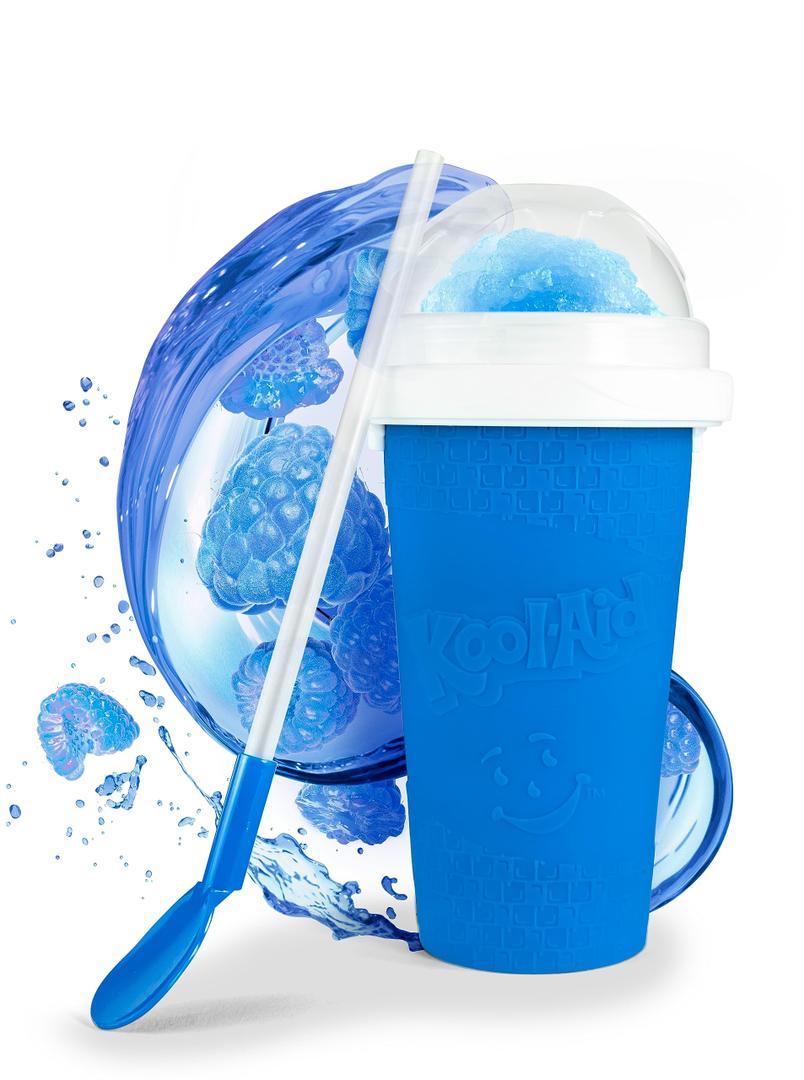 Nostalgia Kool-Aid Squeezy Slush 10 Oz. Cup for Instant Slushes from any Drink, Soda, or Juice with Dome and Reusable Spoon Straw, Blue and Orange 