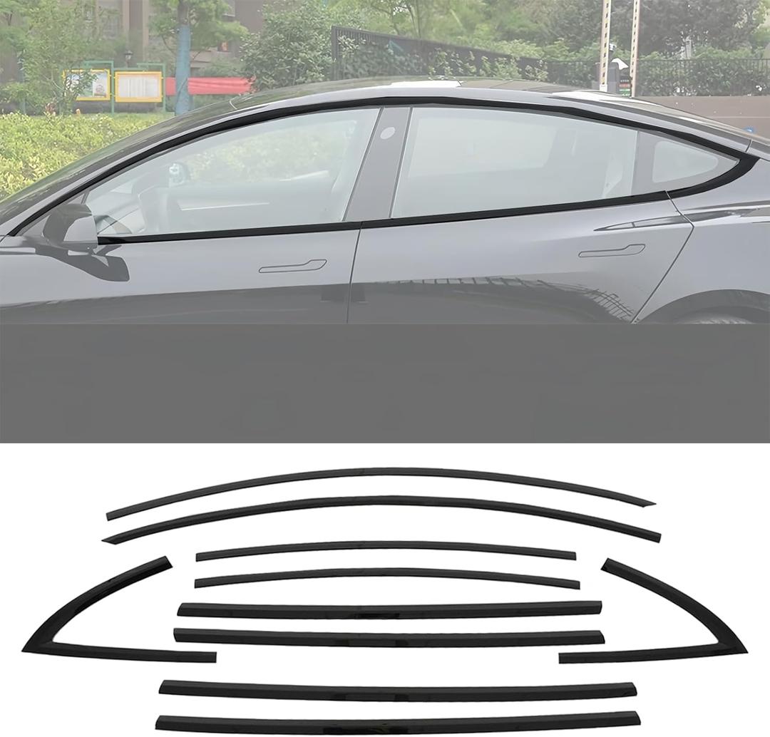 Window Trim Stainless Steel Chrome Delete for Model 3 2017-2025 ABS Black Window Trim Blackout Kit 10pcs  Glossy Black (for Model 3 2017-2025)
