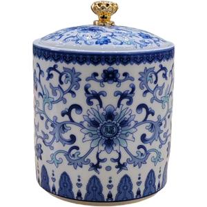 Small Vintage Blue and White Porcelain Salt Cellar with Lid Ceramic Salt Holder Container for Countertop, Airtight Spice Jar, Kitchen Storage Dish