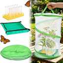 Complete Butterfly Habitat Kit - 14" W x 20" H Large Collapsible Mesh Growing Cage & Hydroponic Feeding Tubes/Rack Holder & Messproof Mat & Guide, Easy to Set Up, Monarch Caterpillars Enclosure House