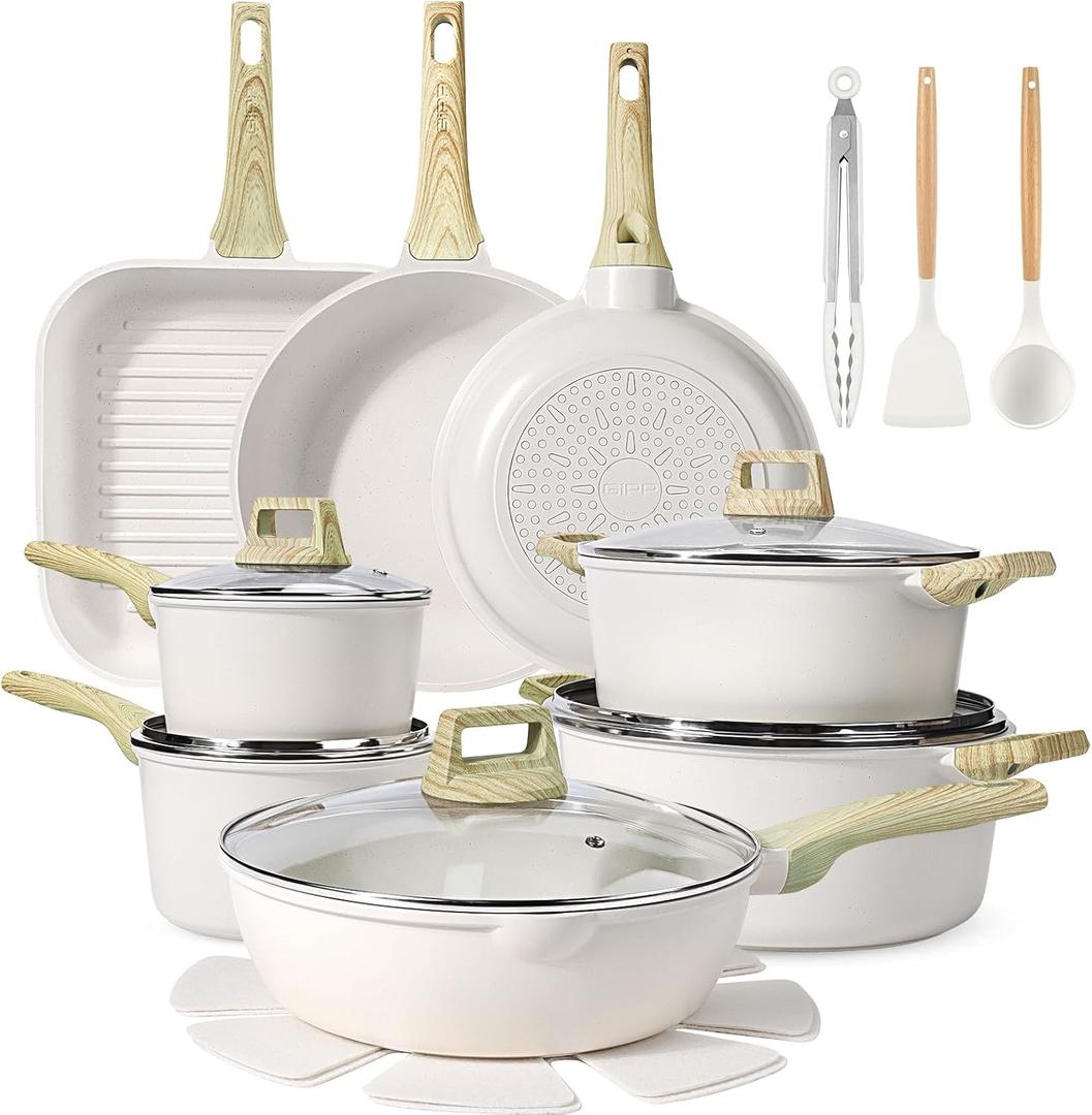 GiPP 21Psc Pots and Pans Set Non Stick White Granite Kitchen Cookware Sets Nonstick Induction Cookware Non-toxic Cooking Pan Set with Silicone Utensils, PFOS and PFOA Free (21PCS)