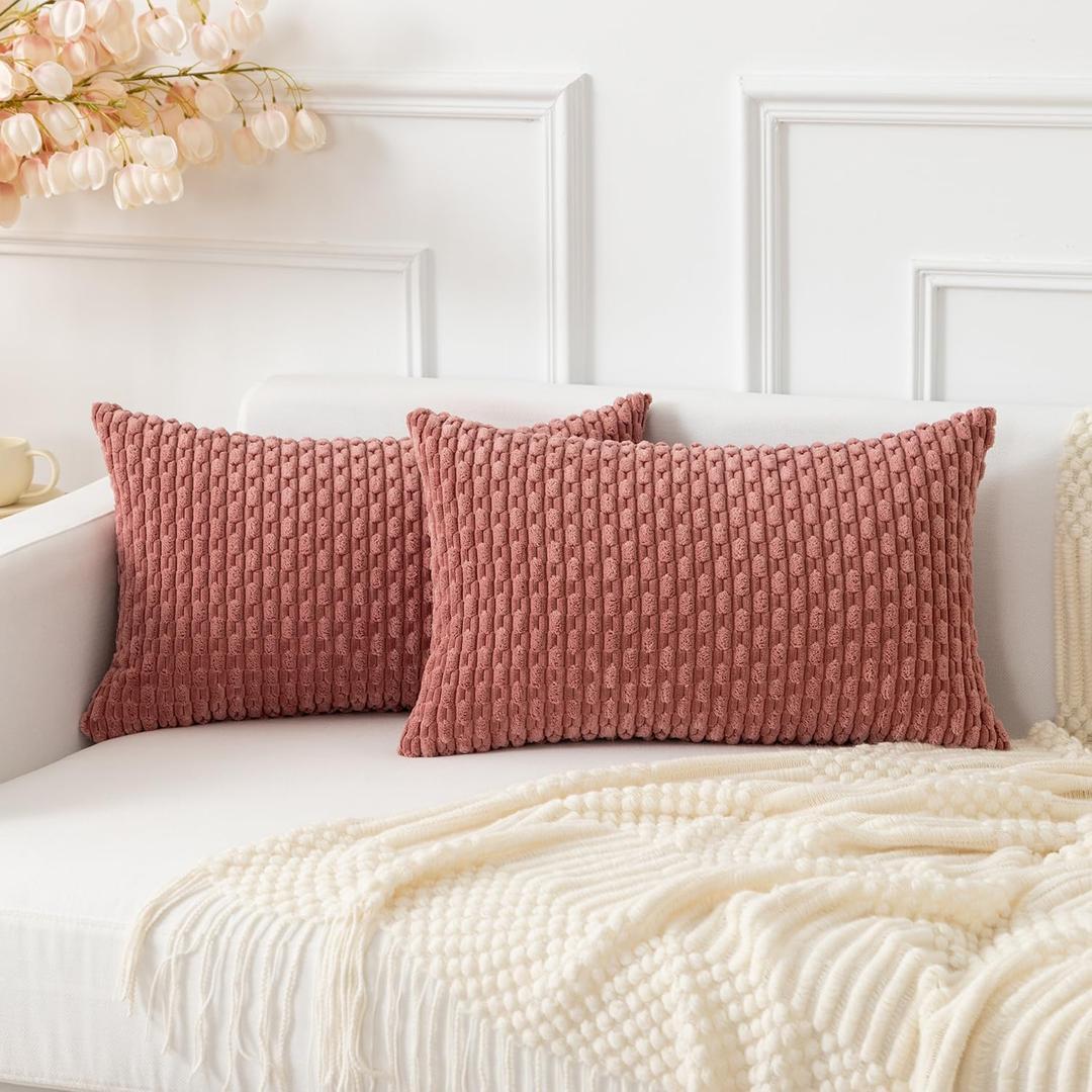 Kevin Textile Throw Pillow Covers Soft Corduroy Decorative Set of 2 Valentines Day Boho Striped Pillow Covers Pillowcases Farmhouse Home Decor for Couch Bed Sofa Living Room 12x20 Inch, Blush Pink