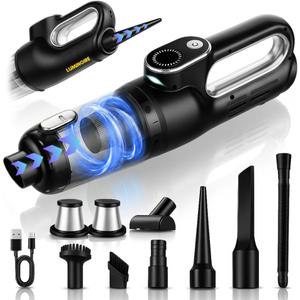 Car Vacuum Portable Cordless, 4-in-1 Mini Car Vacuum with 19500pa Suction & Air Duster, USB-C Charging, Smart Digital Display, Handheld Vacuum with LED Light, Multi Nozzles for Car, Home, Office, Pet