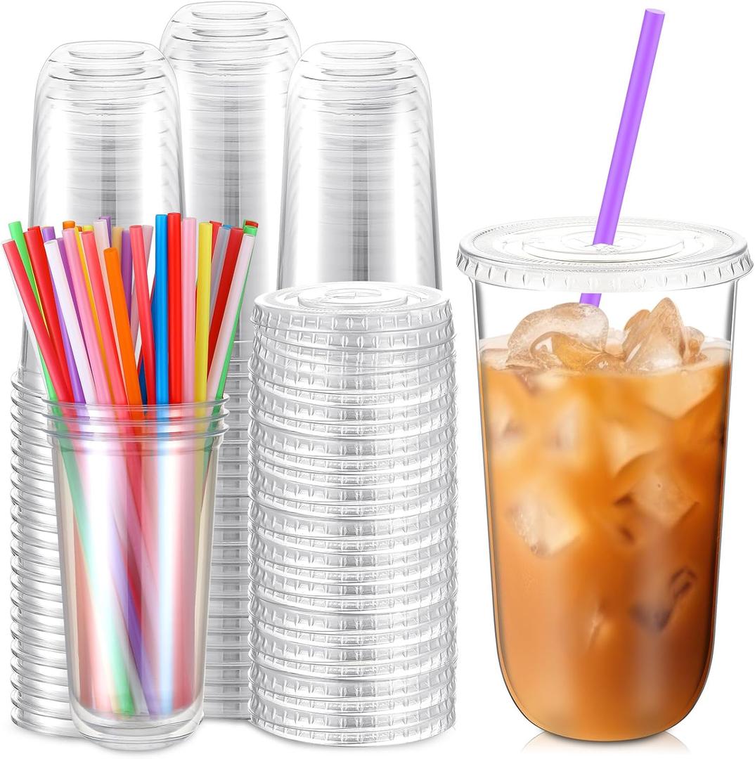 100 Pack Clear Plastic Cups With Flat Lids and Straws Disposable Drinking Cups for Iced Coffee, Cold Drinks, Juice, Smoothies, Milkshakes (20 oz)