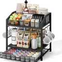 Coffee Bar Organizer - Countertop Coffee Station, 42 K Cup holder Storage Basket with Drawer and Hooks for Syrup, Cups, Stirrer, Condiment, Tea Organizer, Black