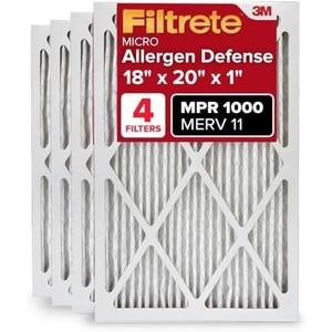 Filtrete 18x20x1 AC Furnace Air Filter, MERV 11, MPR 1000, Micro Allergen Defense, 3-Month Pleated 1-Inch Electrostatic Air Cleaning Filter, 4 Pack (Actual Size 17.81 x 19.81 x 0.81 in)