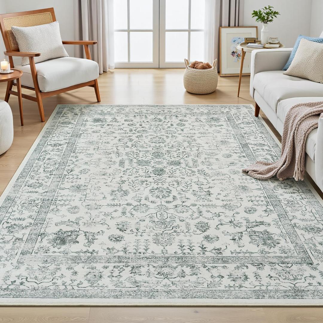 Floral 5x7 Area Rugs Washable, Vintage Bedroom Rug Aesthetic, Indoor Non-Slip Low Pile Soft Carpet for Living Room Kids Room Dorm Dining Room, Grey Green