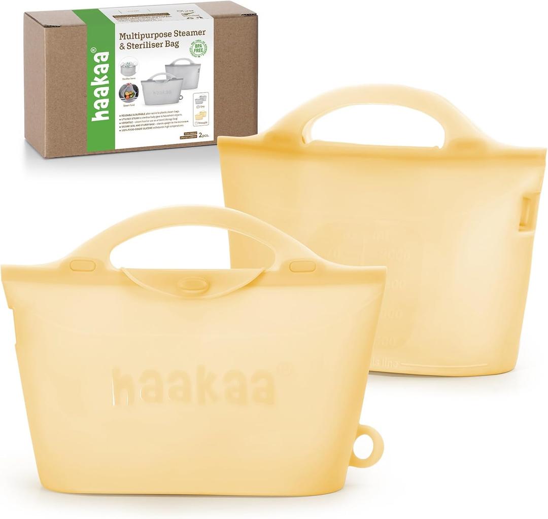 Haakaa Silicone Microwave Steamer & Steriliser Bag,70oz/2000ml Large Capacity Reusable Steaming Bags for Baby Bottles,Breast Pump/Accessories/Pacifiers/Teethers,Great for Home&On-The-Go,Pineapple/2PCS