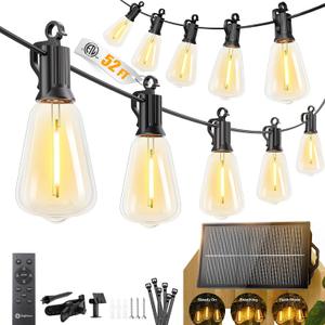 Brightown 52FT Solar String Lights Outdoor Waterproof, Patio Lights with Remote and 15+1 LED Shatterproof Bulbs, Dimmable & Timable, 3 Light Modes, Solar Lights Outdoor for Yard Garden Camping Party