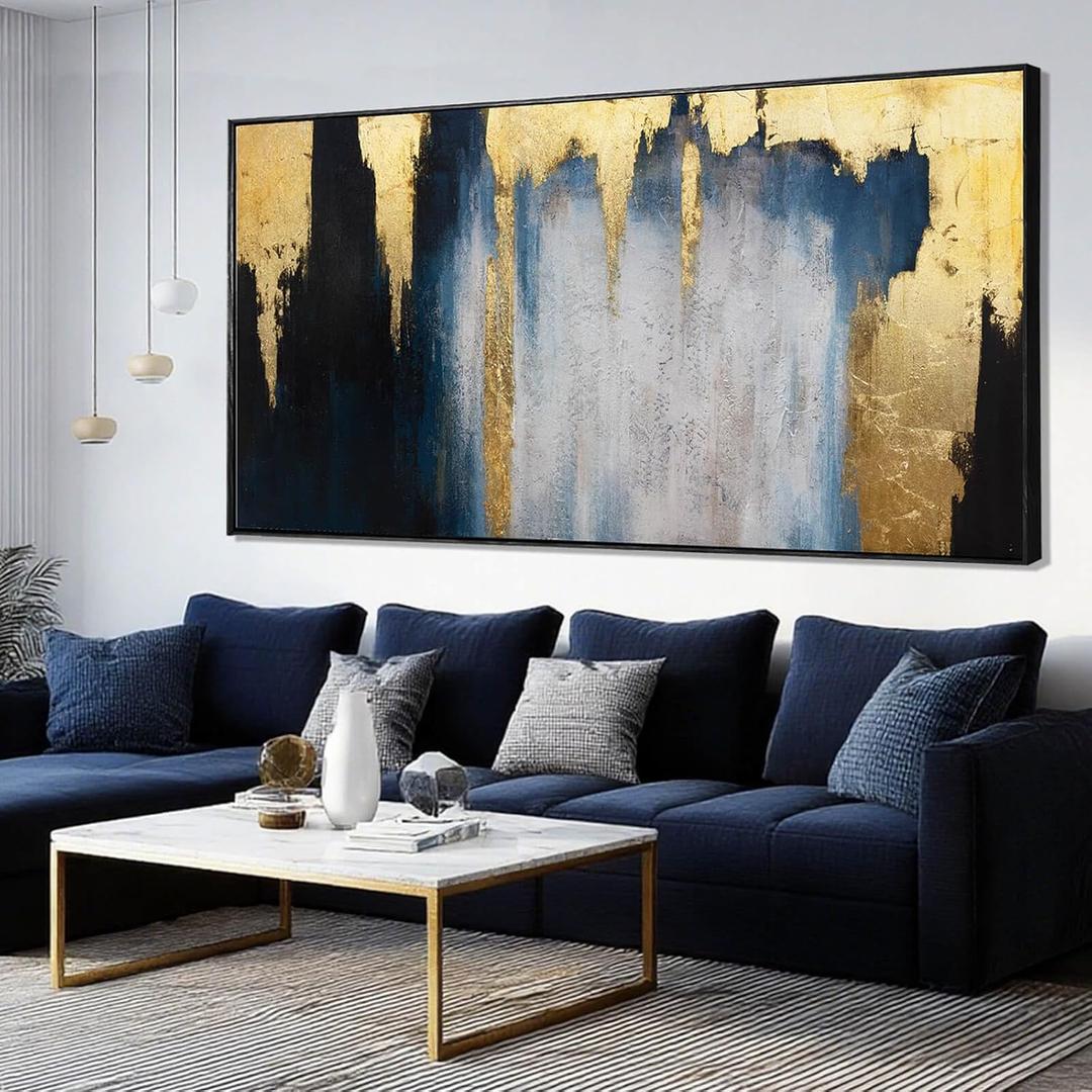 Large Framed Blue Gold Abstract Canvas Wall Art for Living Room 29x58 Inch