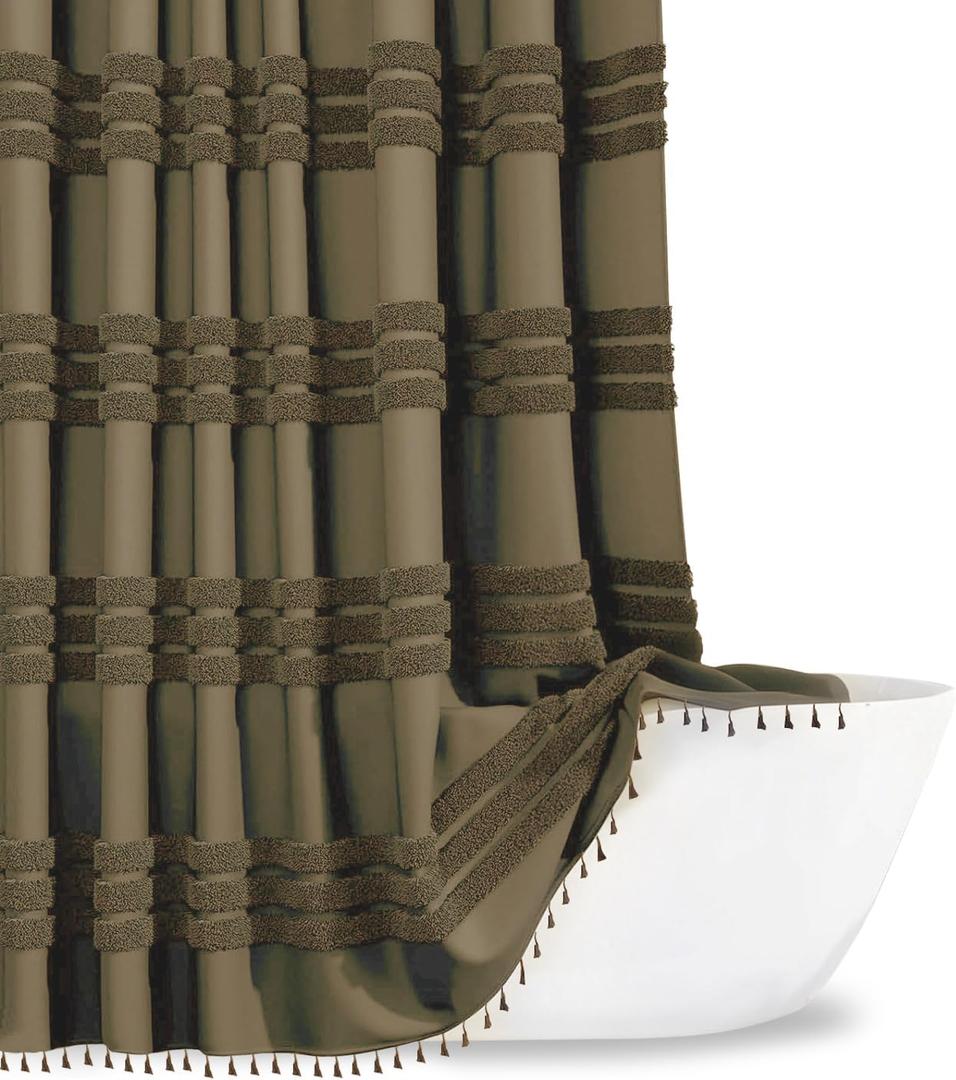 Inhousolu Woven Fabric Shower Curtain, 256GSM, Boho Tufted Textured Striped Tassel, Wrinkle Free, Modern Farmhouse Minimalist, Water-Repellent Cloth Bath Curtain for Bathroom 72" W x 72" L Beige