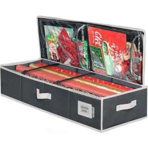 HOLDN' STORAGE Premium Wrapping Paper Storage Container - Durable 600D Tear-Proof, Fits 27 Rolls Gift Wrap, Extra Pockets for Ribbons & Bows, Underbed Storage - Ideal for Holiday Christmas, Black/White Trim