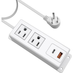 Multiple Plug Outlet with USB C 20W Wall Mounted Power Strip Under Desk Mountable Extension Cord with PD Type C Flat Plug Power Station for Home Workshop Dorm Travel White