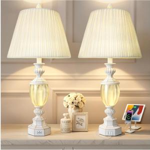 27" Rustic End Table Lamp Set of 2 with Night Light for Bedroom Living Room USB Charging Pots Farmhouse Bedside Lamp with Pleated Shade Boho Nightstand Lamps for Room Office Hotel Dorm(Bulb Included) (Washed White)
