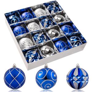3.15" Christmas Ball Ornaments Set, 16pc Blue and Silver Xmas Tree Ornaments Decoration, Shatterproof Large Decorative Hanging Balls with Loop for Christmas Party Holiday Wreath Garland Home Decor