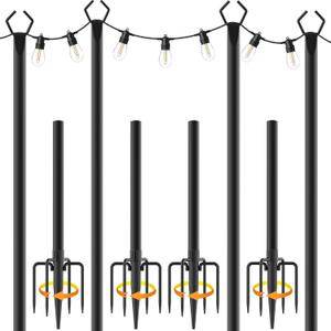 10Ft String Light Poles 4 Pack,Light Poles for Outside Lights,Outdoor with Fence Brackets Hanging Lights,Metal Stand Deck Patio Backyard