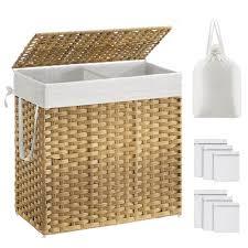 SONGMICS Laundry Hamper with Lid, 37 Gallons (140 L), Rolling Laundry Basket with Wheels, 3-Section Synthetic Rattan, Removable Liner, Natural