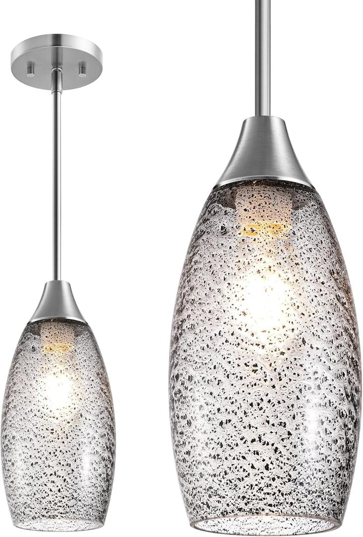 EDISHINE Pendant Light Fixture, Handcrafted Art Glass Hanging Light, Hardwired Ceiling Light with Grey Seed Glass Shade, Adjustable Brushed Nickel Rods, E26 Base, Pendant Lamp for Kitchen Bathroom Bar