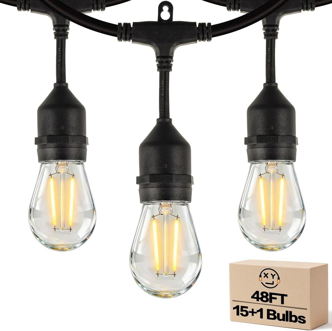 Outdoor String Lights, Super Bright LED - 48FT 15 S14 Bulbs (1 Spare), IP65 Waterproof, Commercial Grade & Shatterproof, Dimmable, UL Listed for Patio, Porch, Backyard, Gazebo